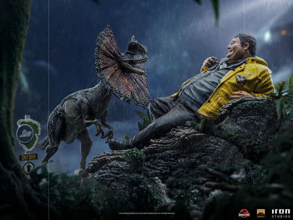Dennis Nedry meets the Dilophosaurus Statue 1:10 Art Scale Deluxe, Jurassic Park, 21 cm